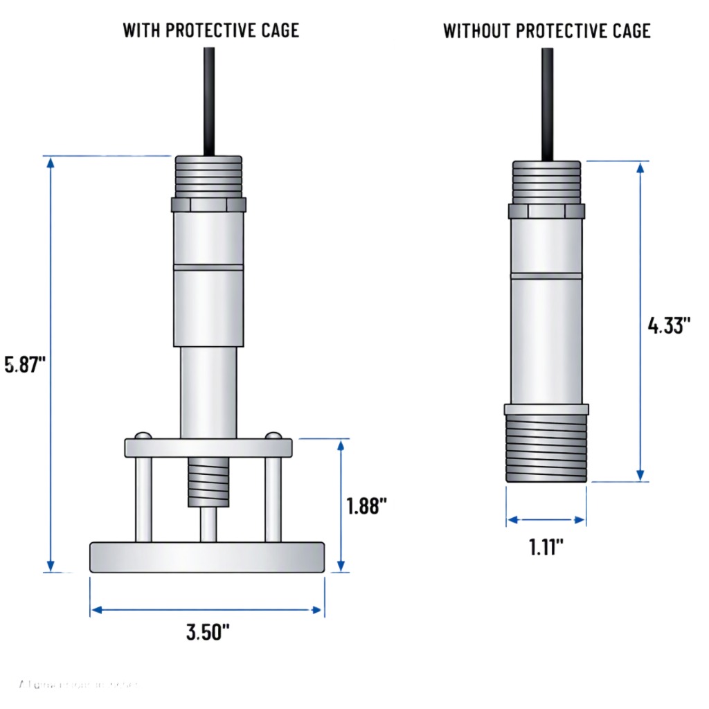 Conceptual dimensional recreation of protective-cage and no-cage configurations, based on technical content provided at WEFTEC. Dimensions are in inches.